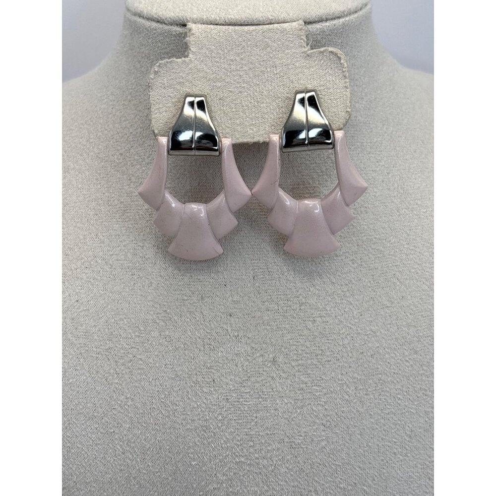 Vintage Silver Tone Pastel Pink Door Knocker Geometric Pierced Earrings